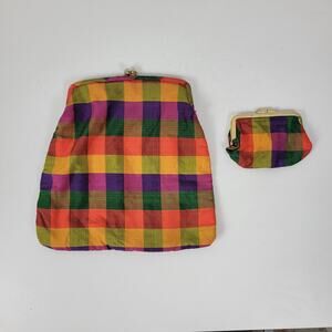 Vtg Handwoven Andrade Resort Shop Clutch & Coin Purse Plaid Kiss Lock Thai Silk
